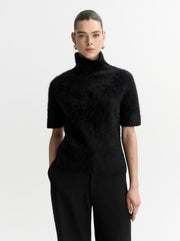 "Brushed Short Sleeve Turtleneck" juodos spalvos šukuoto kašmyro palaidinė su kaklu